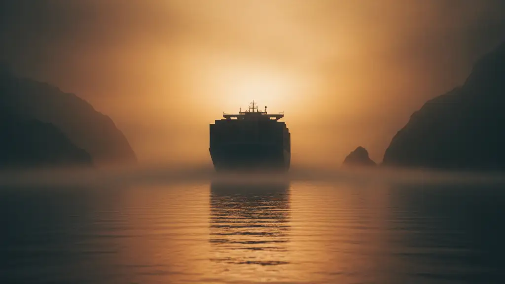 A large container ship silhouetted against a hazy, golden hour sky in a narrow strait.