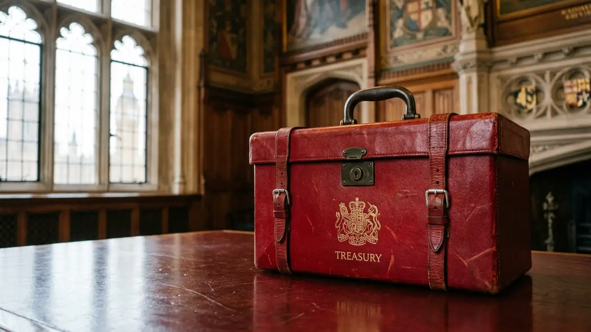 A red ministerial dispatch box sits on a wooden table in a government office.