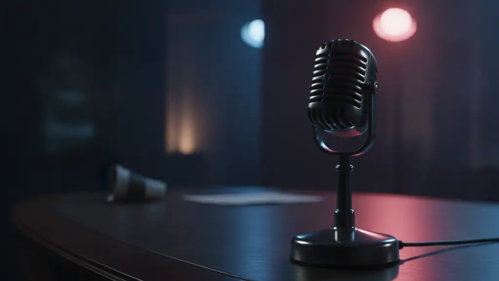 Vintage microphone on a news desk with blurred, intense studio lights in the background.