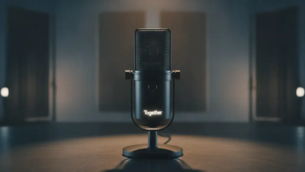 A sleek microphone with 'Together' logo under a spotlight, dramatic shadows.