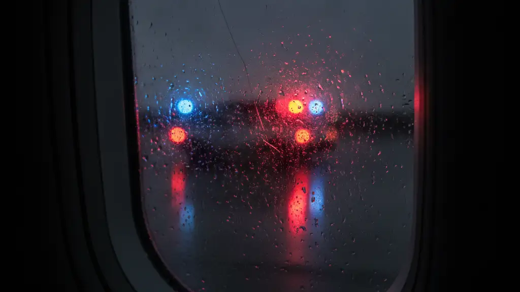 Rain-streaked airplane window reflecting emergency lights, hinting at an in-flight incident.