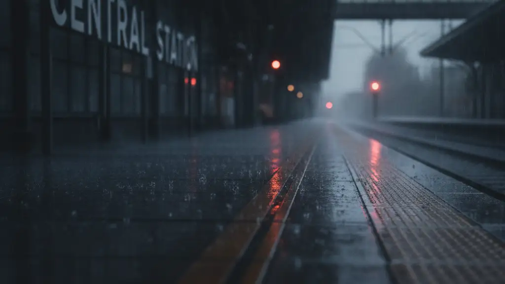 Empty train platform at dusk with a blurred red signal light in the distance.