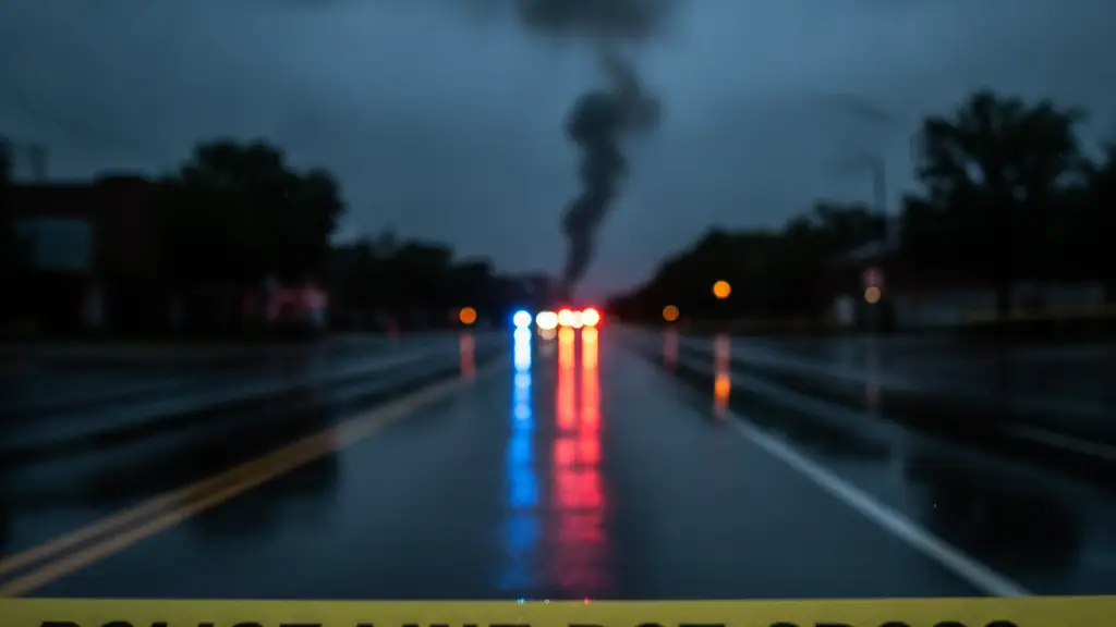 Police tape in foreground, emergency lights reflecting in puddle, smoke in distance.
