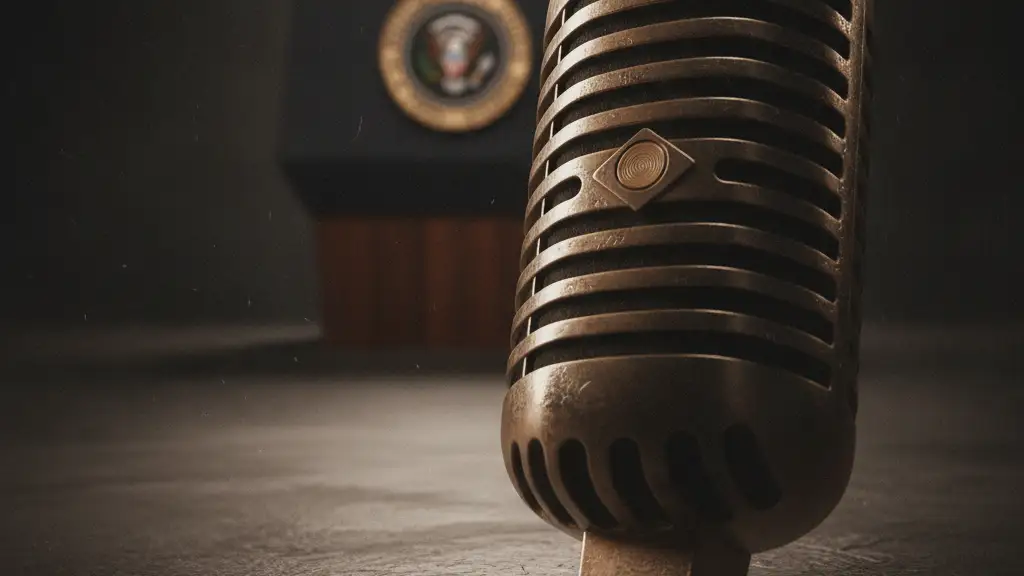 A vintage microphone in the foreground, with a blurred presidential seal in the background.
