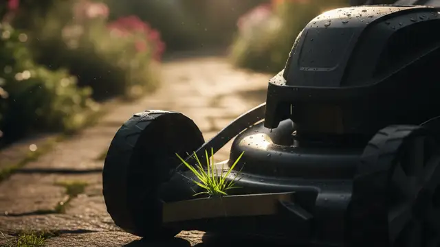 A new cordless lawnmower, low angle, against a blurred garden path.