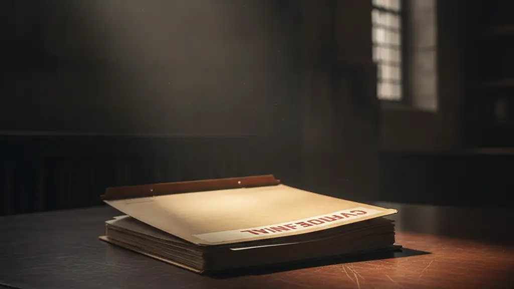 Confidential file folder on a dark desk, dramatically lit.