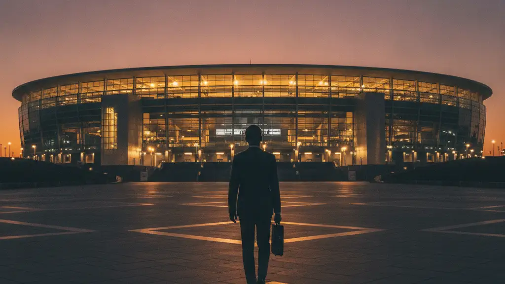 Silhouetted figure walking away from a brightly lit football stadium at dusk.