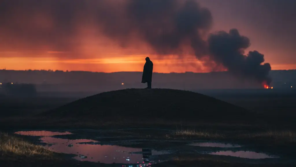 A silhouetted figure watches a smoke-filled horizon at dusk, emergency lights reflecting.