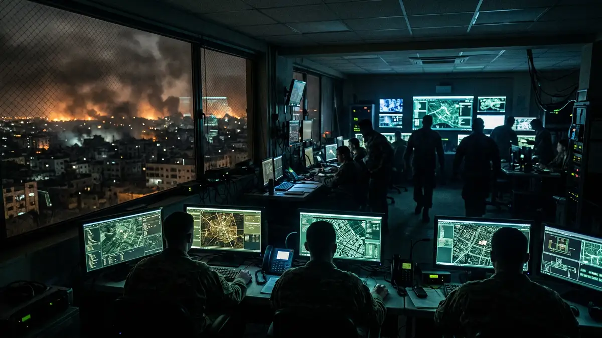 Silhouetted figures in a dark command center overlooking a distant glowing city horizon at night.