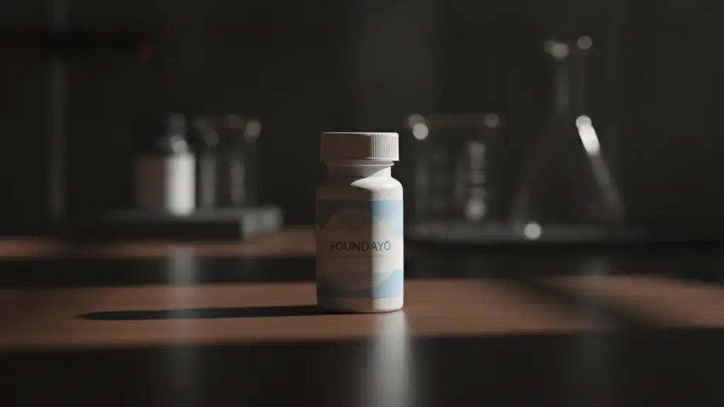 A sleek, modern pill bottle with a blurred label on a dark wooden surface.