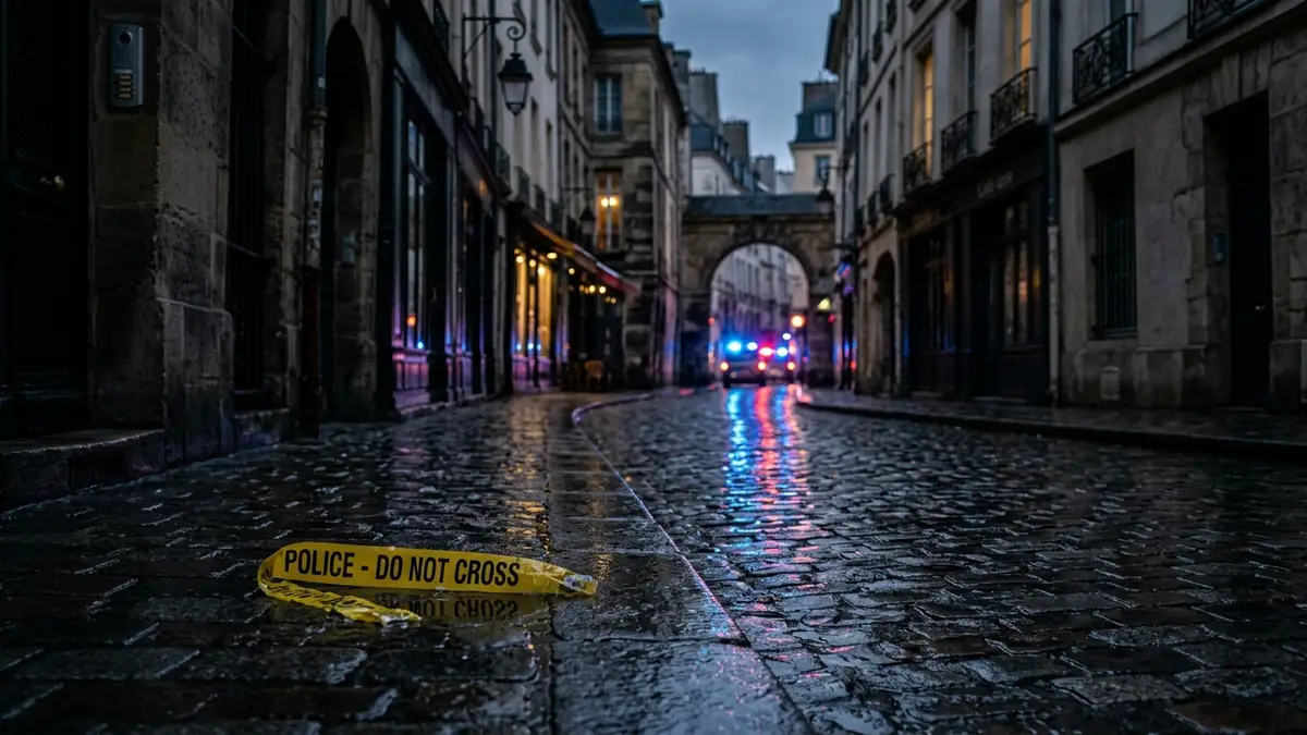 Wet street reflecting emergency lights, discarded police tape on cobblestones at dusk.