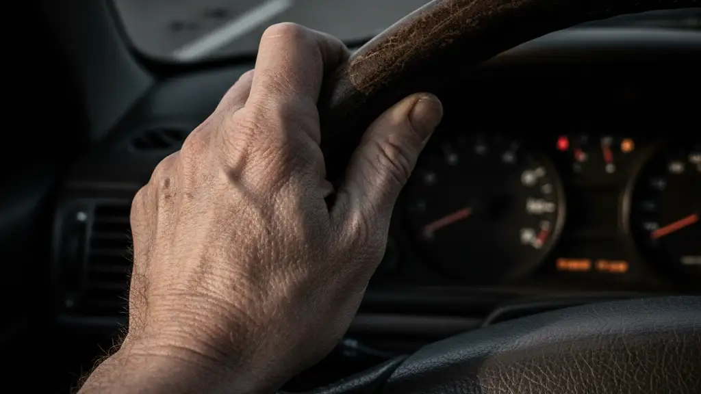 Elderly hand, slightly trembling, gripping a steering wheel.