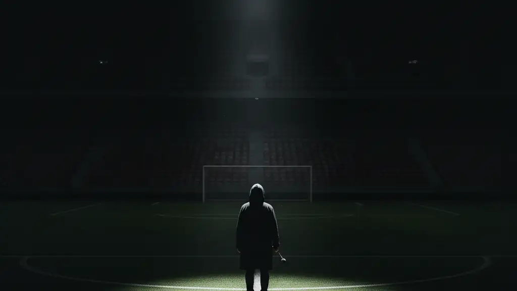 Silhouette of a manager on an empty football pitch under a spotlight.