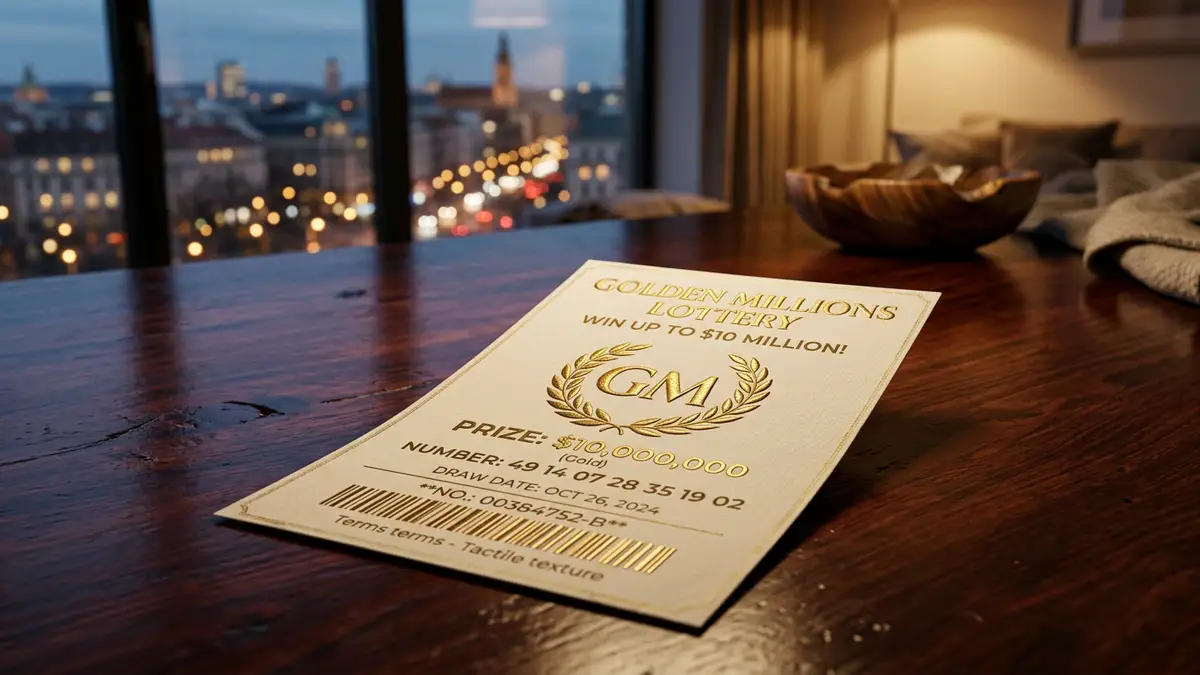 A close-up of a lottery ticket on a wooden table with blurred city lights behind.