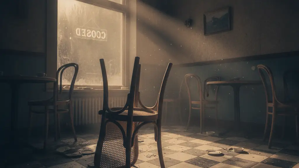 An overturned vintage cafe chair in a dusty, abandoned cafe, 'CLOSED' sign visible.