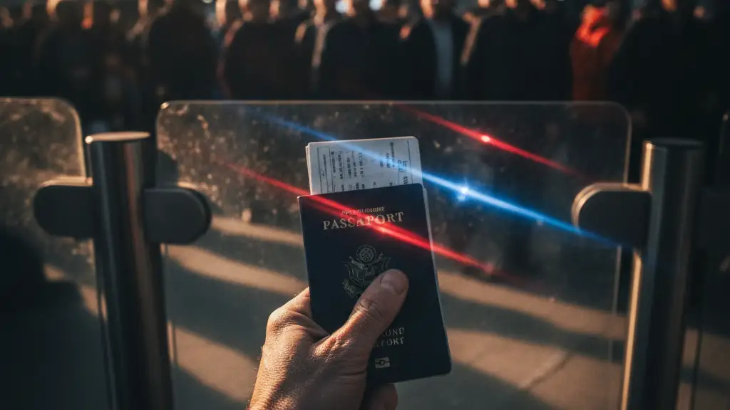 A hand holding a passport at a border control point with blurred background.