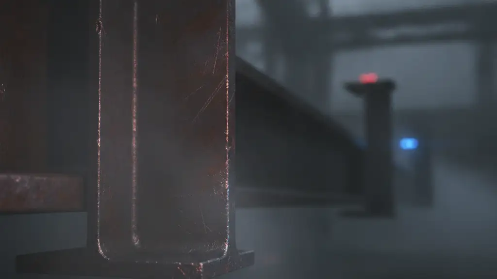 Close-up of a heavy steel beam with a hazy, industrial background.