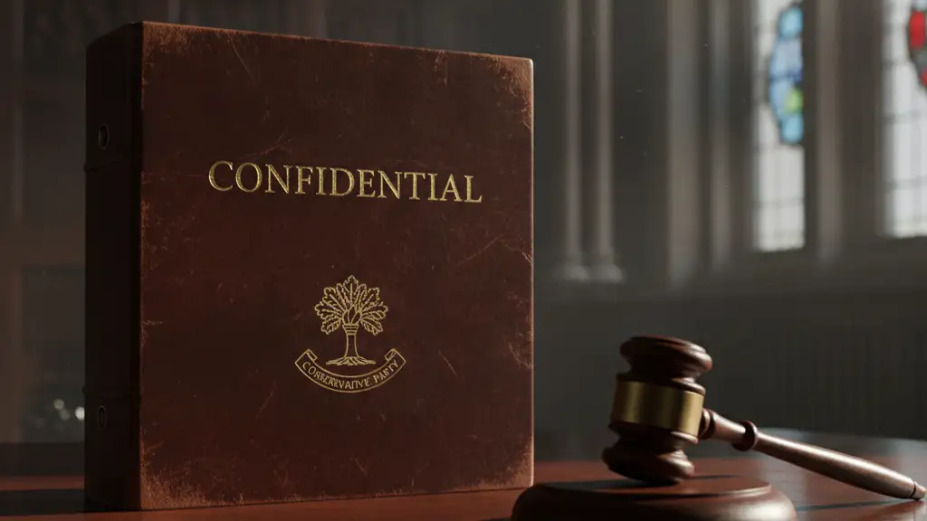 Confidential file and gavel on a desk, suggesting political reshuffle.