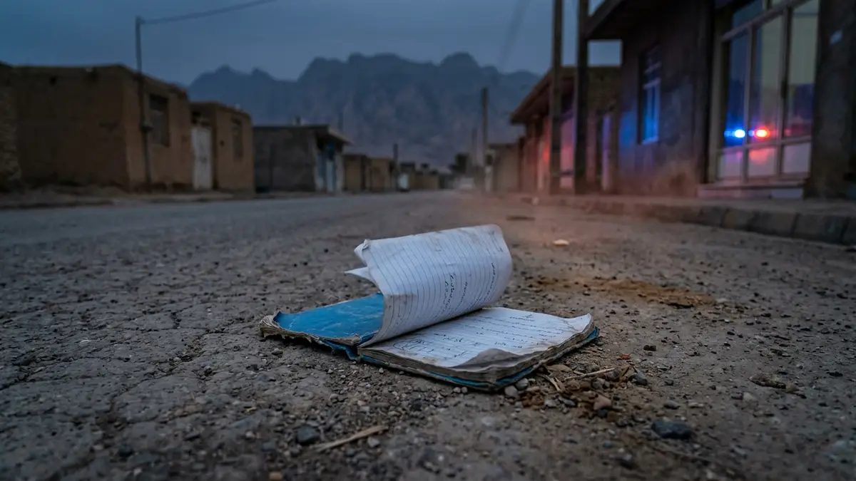 A discarded school notebook lies on a dusty street illuminated by distant emergency vehicle lights.