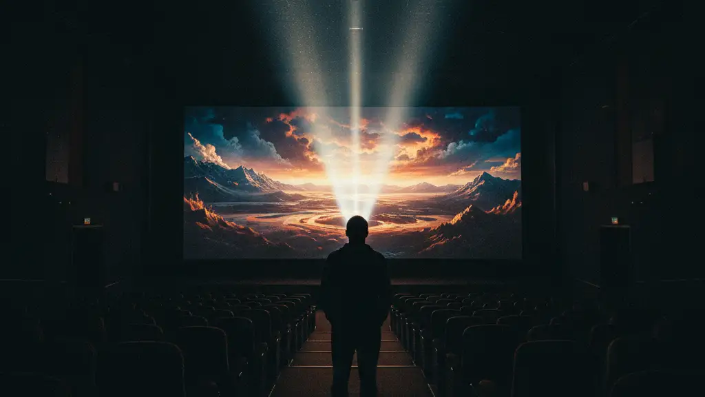 A silhouetted director stands in a dark cinema, looking at a glowing screen.