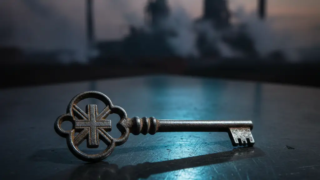 An antique key with a British flag emblem on a steel surface, blurred steel mill in background.