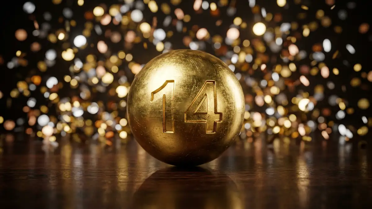 A golden lottery ball numbered 14 resting on a reflective surface with blurred confetti.