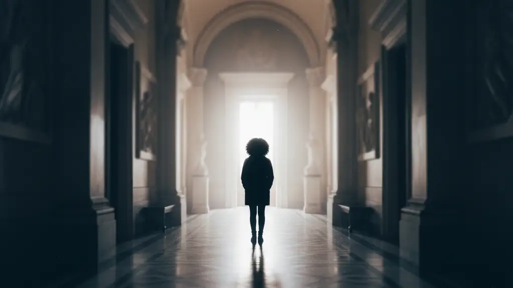 Silhouette of a figure with curly hair in a grand parliamentary corridor.