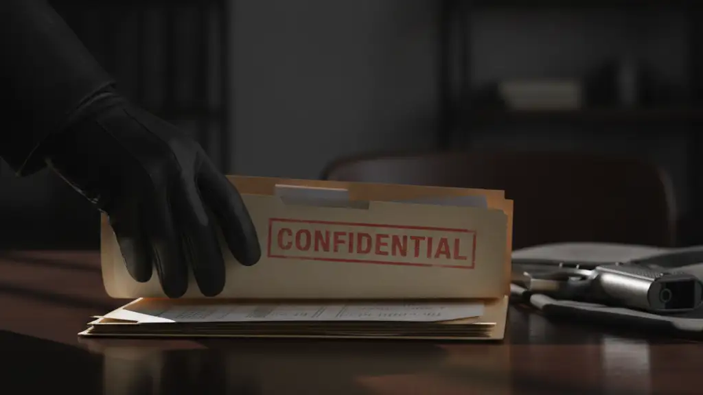 Gloved hand placing a confidential file, with a metallic glint nearby.