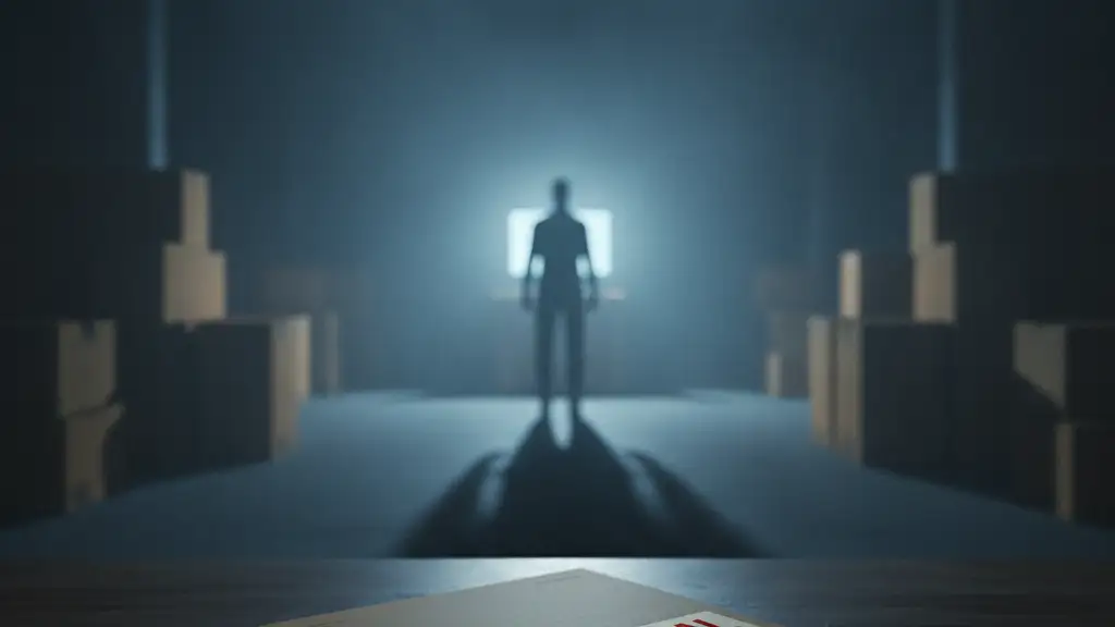 Silhouette in a warehouse, confidential file on a desk, dramatic lighting.