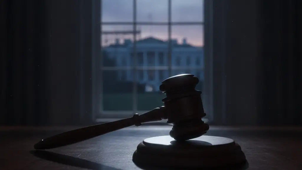 A judge's gavel on a desk, with the White House in the background.