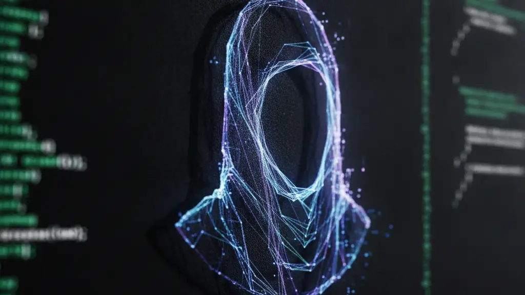 Abstract digital profile icon on a screen with blurred code in the background.