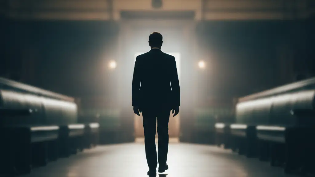 Silhouetted figure of a man in a suit walking away from a parliamentary chamber.
