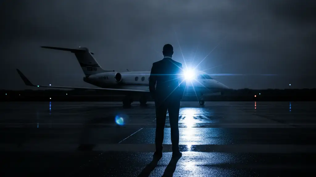 Silhouetted figure of a man in a suit on a wet tarmac, private jet in background.