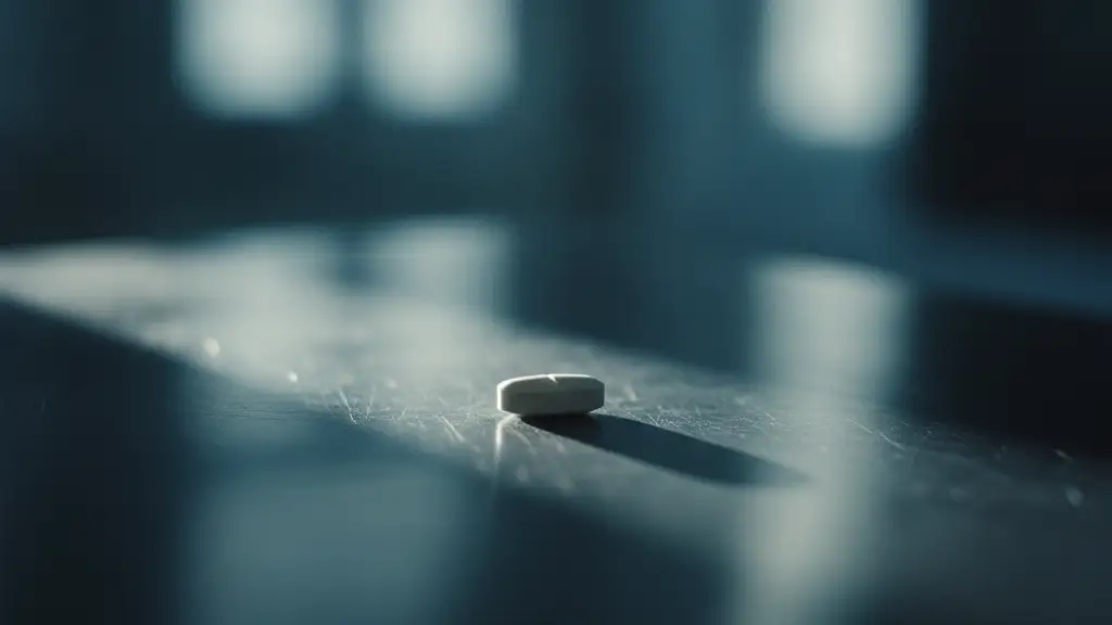 A single white pill on a reflective surface with blurred blue and white background.