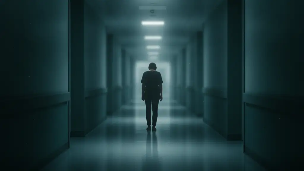 Blurred figure walks down a long, sterile hospital corridor with harsh lighting.