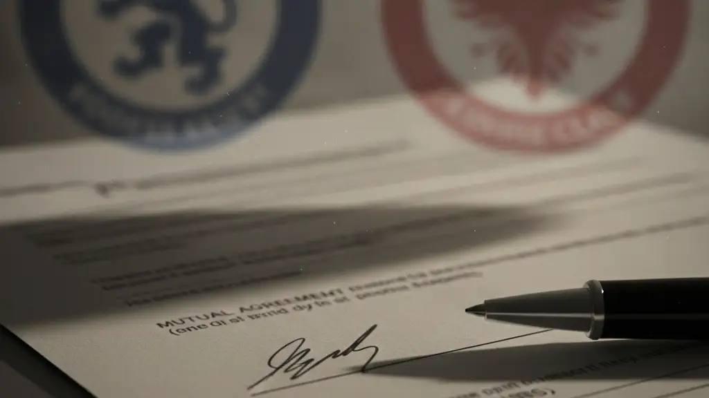 Two blurred football club crests with a signed document and pen in the foreground.