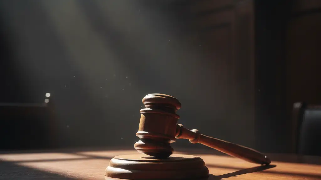 A heavy wooden gavel rests on a polished mahogany desk in a courtroom.
