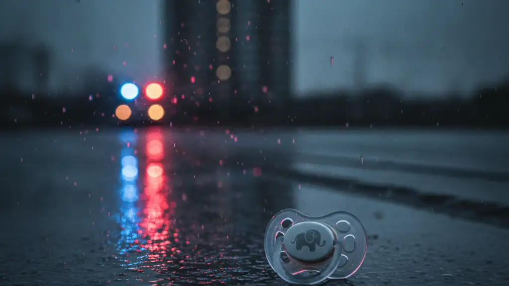 A baby's pacifier on wet pavement, reflecting emergency lights near a tower block.