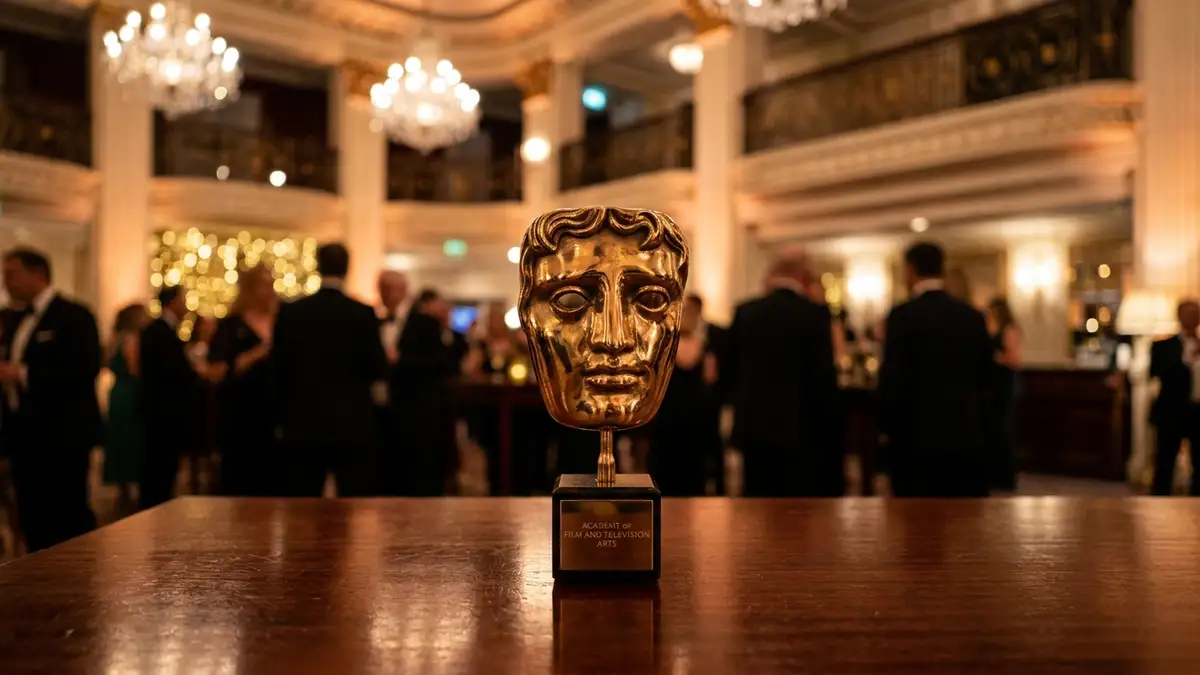 A golden BAFTA award mask trophy sits on a polished table in a dimly lit hall.