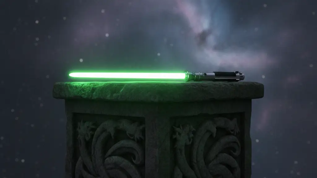 A glowing green lightsaber hilt on a stone pedestal with Welsh dragon carvings.