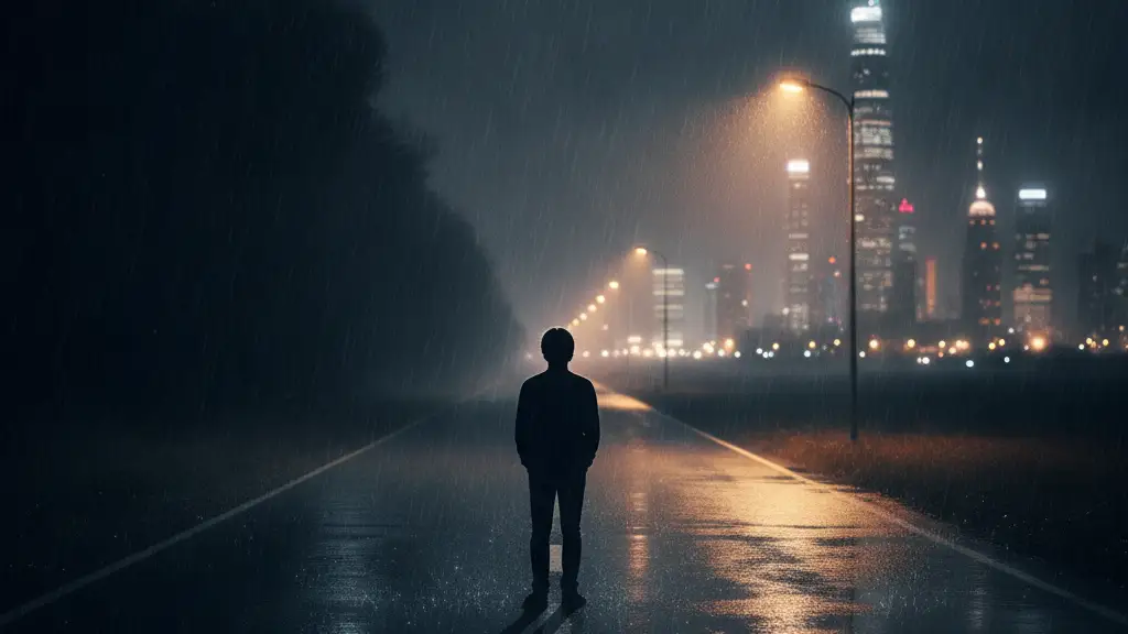 Silhouetted young person at a crossroads, one path lit, one dark.