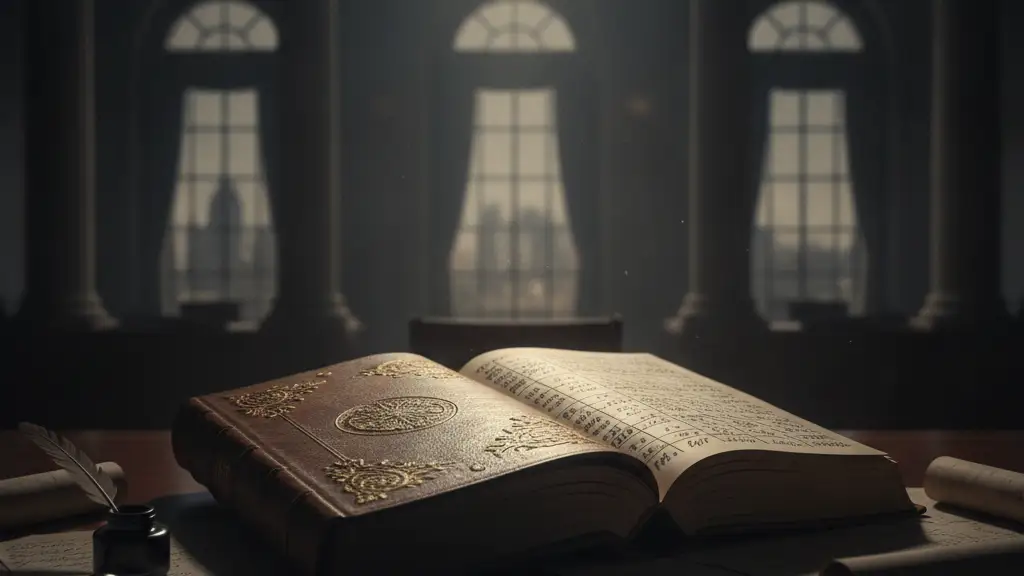 A thick, open budget ledger on a dark wooden table, illuminated by a dramatic light.