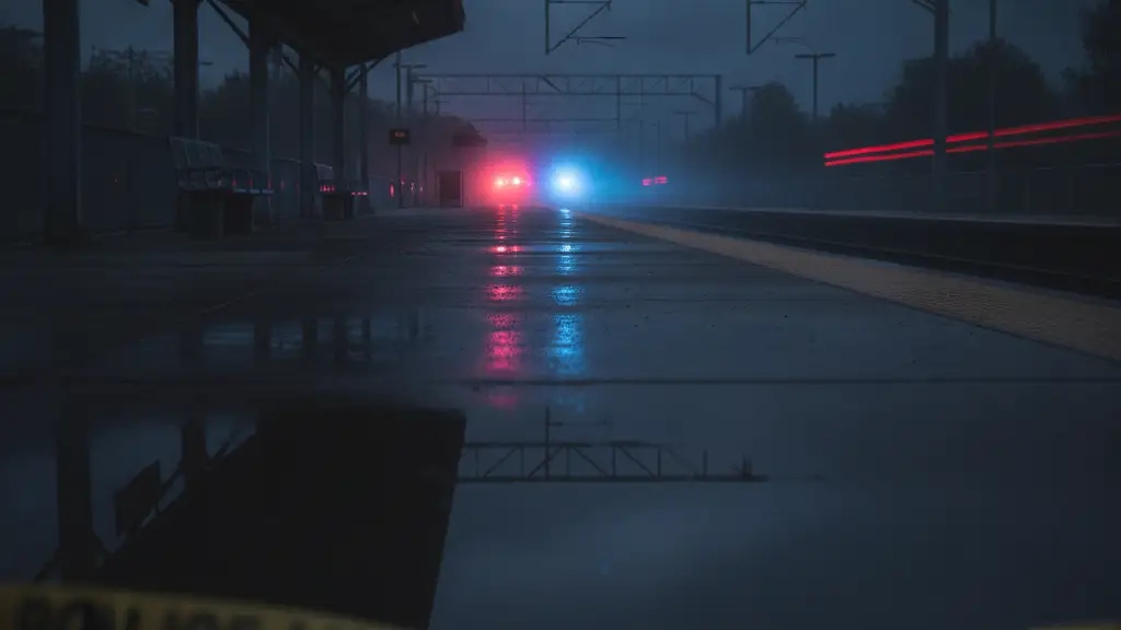 Empty, rain-slicked train platform at dusk with distant emergency light reflections.