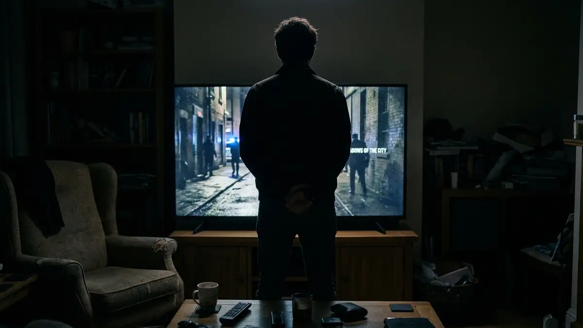 Silhouette of a person watching a glowing TV screen in a dark room at night.
