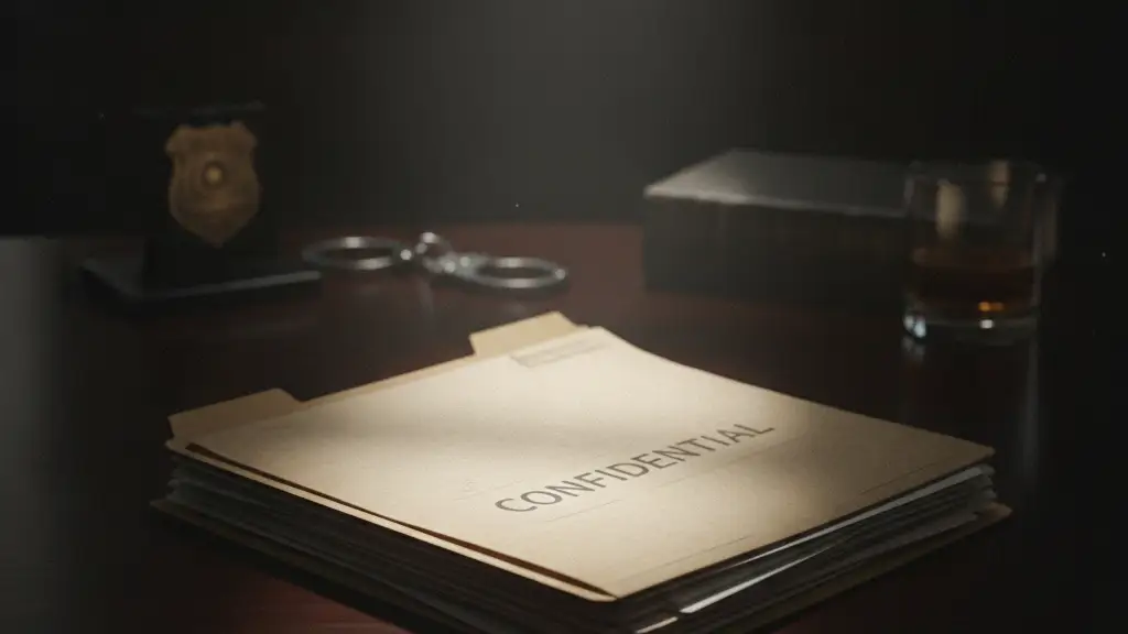 A confidential file folder on a desk, with a blurred hint of law enforcement in the background.
