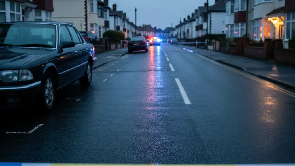 Police tape across a street with blurred emergency vehicle lights reflecting on wet pavement.