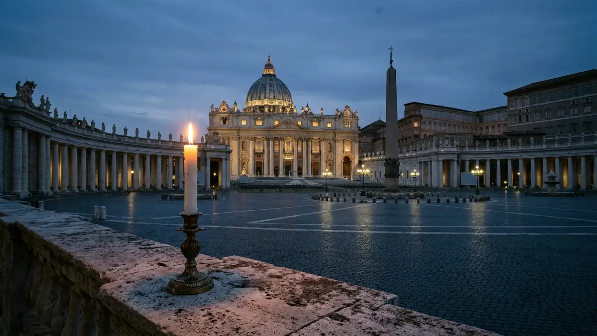A single lit candle on a stone ledge with the Vatican dome silhouetted at dusk.