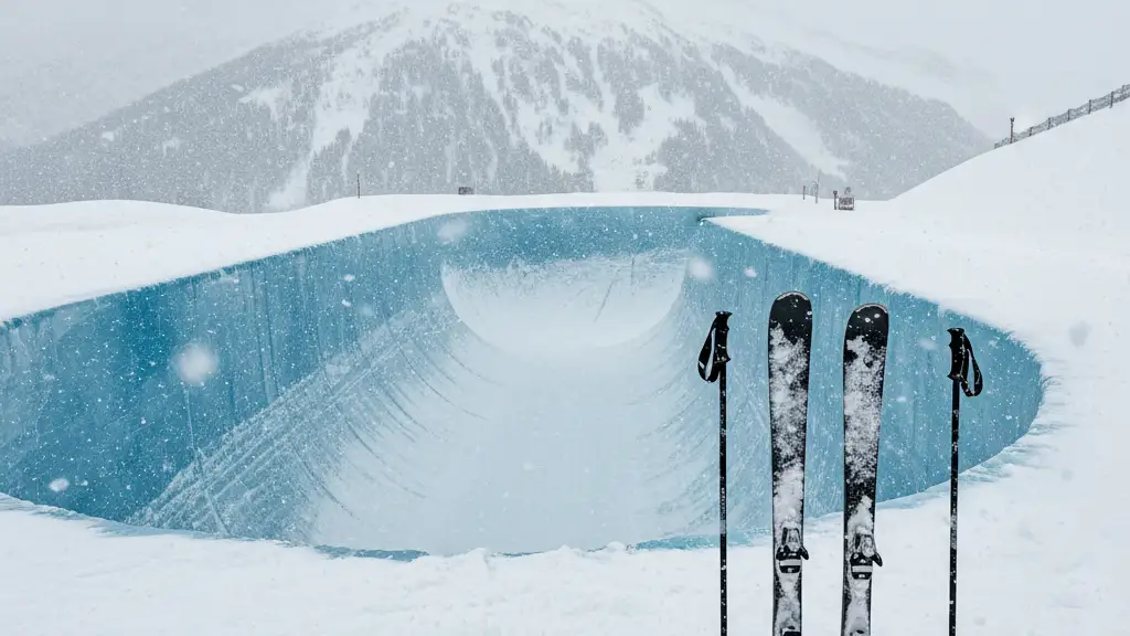 Professional skis and poles resting against the edge of a snowy Olympic halfpipe during snowfall.