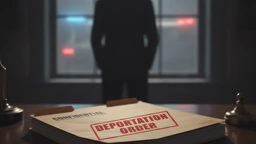 Confidential file folder with 'Deportation Order' stamp on a dark desk.