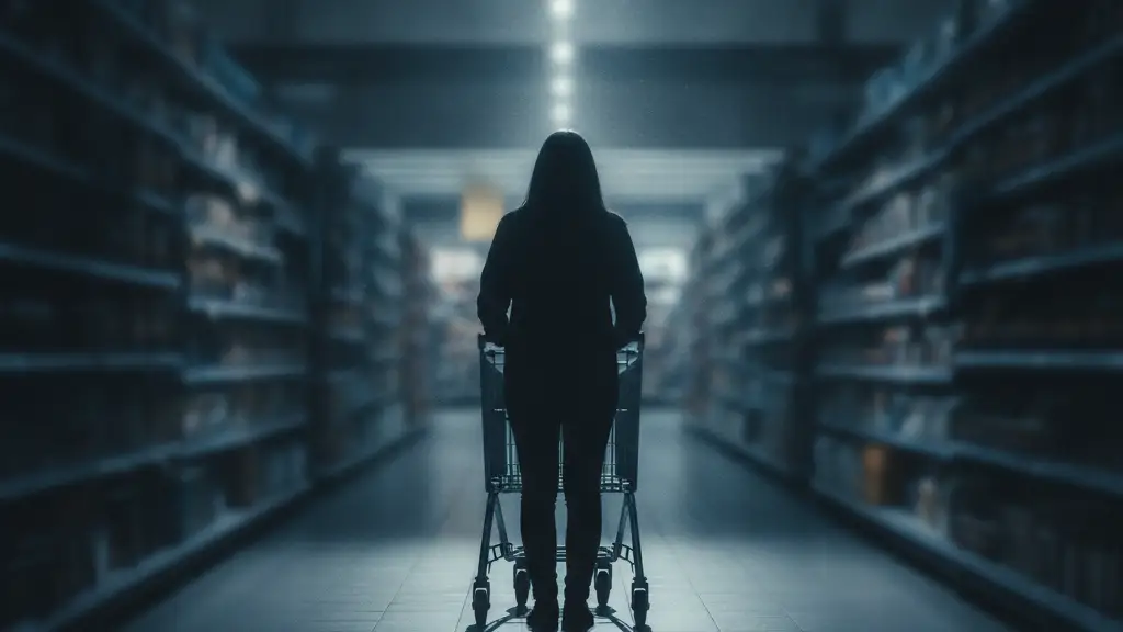 A lone, silhouetted figure pushing an empty shopping cart in a dimly lit supermarket aisle.